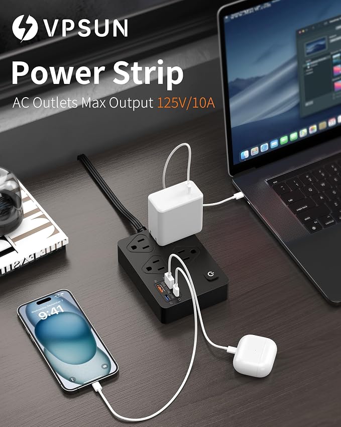 Power Strip Flat Plug with 4 AC Outlets 4 USB Ports (20W), Surge Protector Charging Station with Overload Protection, 6Ft Flat Plug Extension Cord, Fast Charging for Office Dorm Room