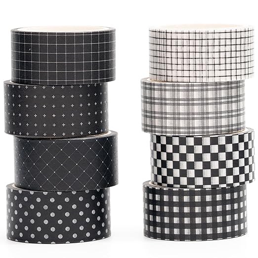 Black Grid Washi Tape Set 8 Rolls Plaid Decorative Masking Tapes for Arts, DIY Crafts, Journals, Planners, Scrapbook, Wrapping