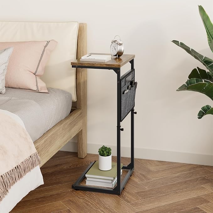 Vagusicc C Shaped End Table, Small Side Table for Couch, Adjustable Height Sofa Table with Metal Frame for Living Room, 33'' Tall Side Table for Couch, Bedroom, Bedside, Rustic Brown and Black