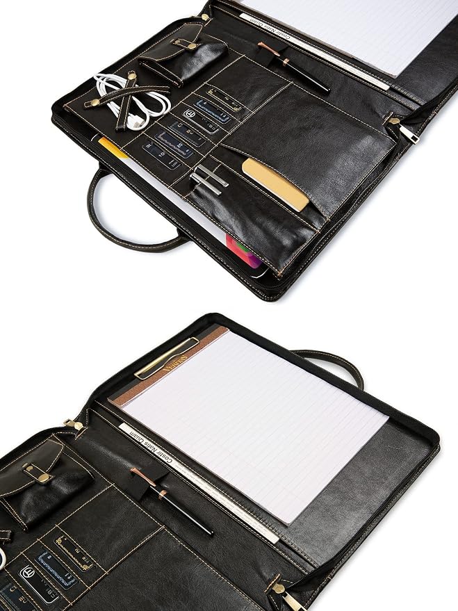 Oil Wax Leather Portfolio, Padfolio Organizer with Handle, Personalized Padfolio，Padfolio With Zipper for Men Women，Suitable for 15-inch Laptop Legal Pad Padfolio, Black
