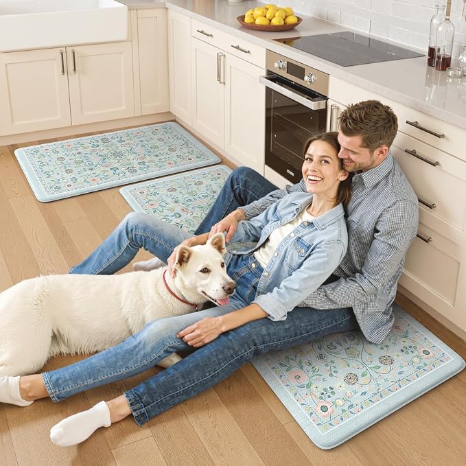 KIMODE Anti Fatigue Kitchen Mats for Floor Cushioned,Boho Floral Kitchen Rugs Sets of 2 Non Slip,Wide Memory Foam Kitchen Floor Mat for Laundry Sink Bathroom Office,Blue 20" x 47"+20" x 32"