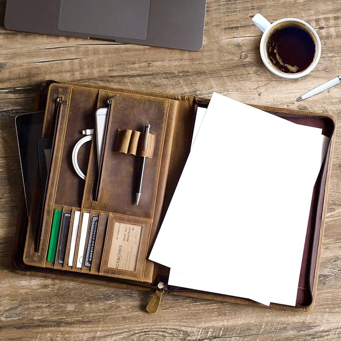 Ringsun Leather Portfolio Organizer with Zipper for Men Women, Leather Padfolio Business Resume Legal Pad Portfolio Notebook Binder for A4/Pad, Brown