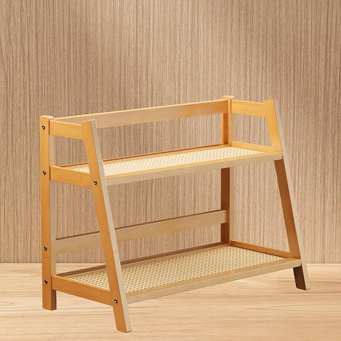 Double Layer Rack 2 Tier Bar Accessories Multipurpose Coffee Mug Display Stand Seasoning Storage Rack for Desk Office Bedroom, Bamboo Color S