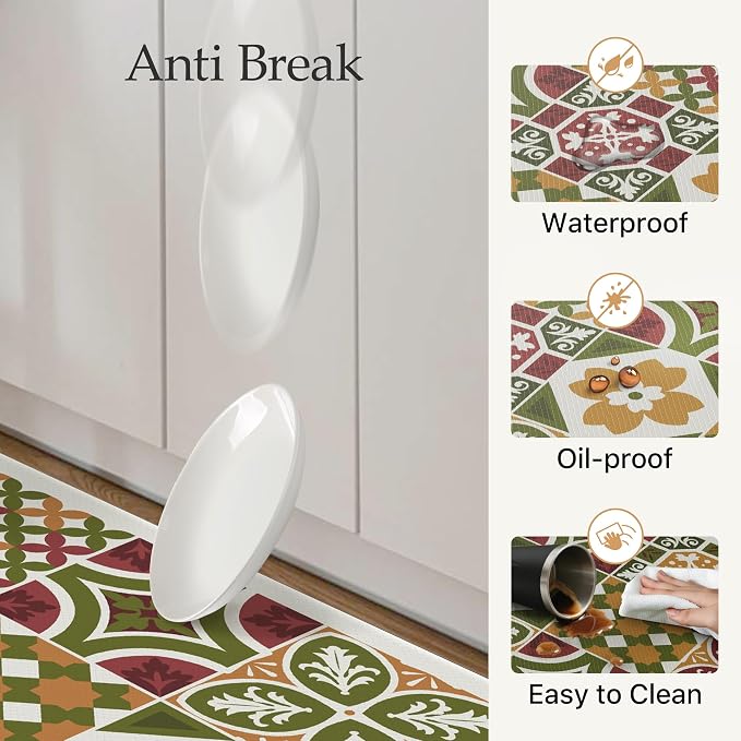 GENIMO Anti Fatigue Kitchen Mats for Floor 2PCS, Cushioned Standing Mats | 17.3"x47"&17.3"x30", Light Green vintage floral rug set, waterproof, non slip, easy-clean for farmhouse
