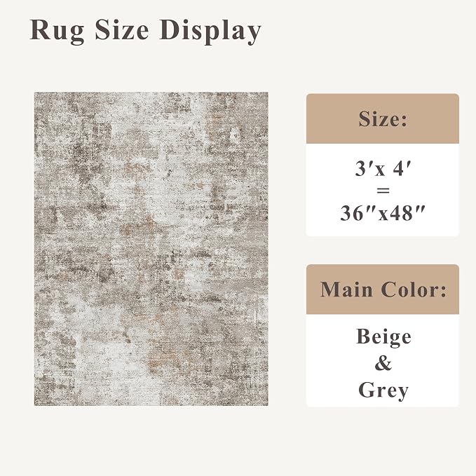 3x4 Washable Entryway Area Rug - Non-Slip Modern Small Indoor Mat for Bathroom,Living Room,Bedroom - Abstract Neutral Soft Low-Pile Throw Carpet with Rubber Backing (Beige Grey)