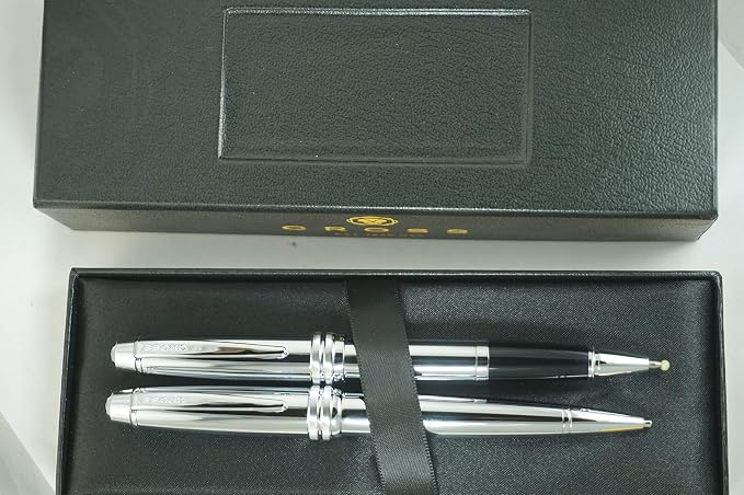 Cross Executive Companion Bailey,Polished Chrome with Cross Signature Diamond Cut Multi-grooved Center Ring Medium Selectip Rollerball Pen & 0.7mm Pencil Set and Name Plate for Engraving