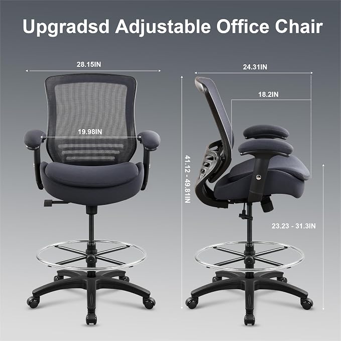 400lbs Office Drafting Chair Wide Dual Seat Cushion Height Adjustable Armrest for High Standing Desk with Lumbar Support and Enlarged Adjustable Footrest (Black Frame Gray Fabric)