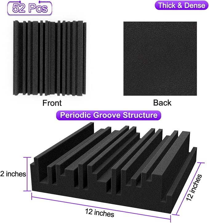 TroyStudio Thick Acoustic Foam Panels, 12 X 12 X 2 Inch 52 Pcs Broadband Sound Absorbing Foam, Dense Soundproof Padding Tile, Recording Studio Foam Absorber, Groove Decorative 3D Wall Ceiling Panel
