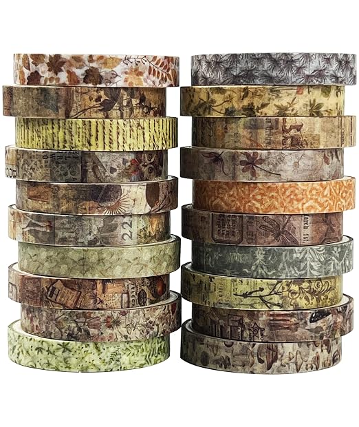 Vintage Brown Skinny Washi Tape Set 20 Rolls -Antique Patterns Masking Thin Basic Decorative Tapes for Arts, DIY Crafts, Bullet Journal, Planners, Scrapbook Decor, Gift Wrapping, Junk Journal