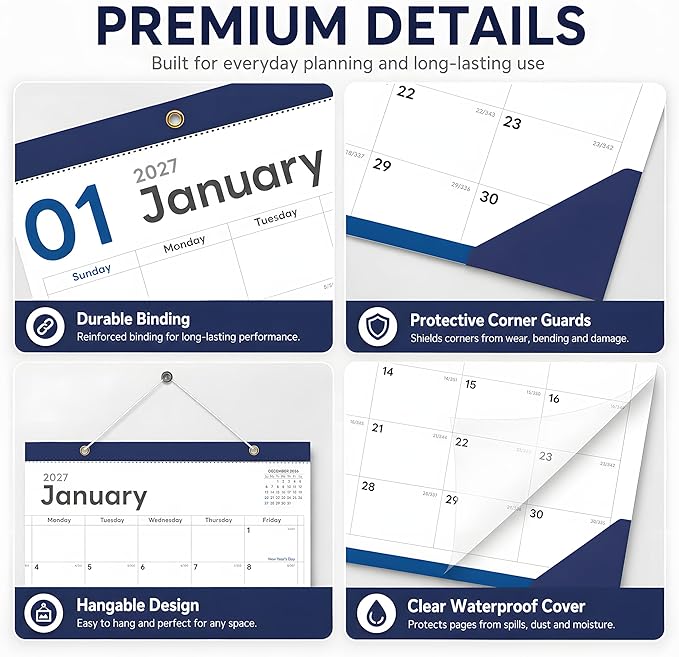 Desk Calendar 2026-2027 - Ougesi 18 Month Desk Top Calendar July 2026 - Dec 2027,17x12 Academic Desk Calendar with Thick Paper, Large Blocks, Stickers for Home & Office Navy