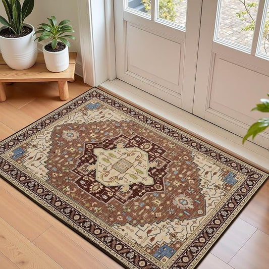 Macgace 2x3 Mousse Brown Small Area Rug for Entryway, Soft Washable Rugs with Non-Slip Backing for Bedroom Kitchen, Vintage Throw Carpet Laundry Entry Front Door Decor