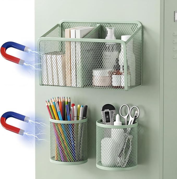 Marspark 3 Pcs Magnetic Pen Holder Set Metal Pencil Holder with Strong Magnets Wire Mesh Storage Basket Organizer for Locker Accessories Whiteboard Refrigerator School Office Dorm(Sage Green)