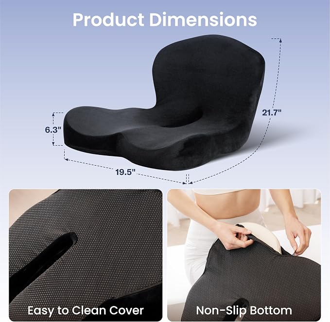 Alcedo Ergonomic Memory Foam Seat Cushion for Office Chair & Car Seat – Firm Back Support for Tailbone & Sciatica Pressure Relief, Non-Slip, Breathable & Washable Cover