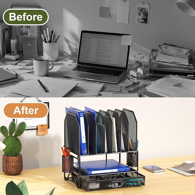 FANXIYQ Metal Desk Organizer with Sliding Drawer, 7-Section File Organizer for Desk, Desktop File Folder & Paper Organizer with 2 Hanging Pen Holders, Office Supplies Organizer, Black
