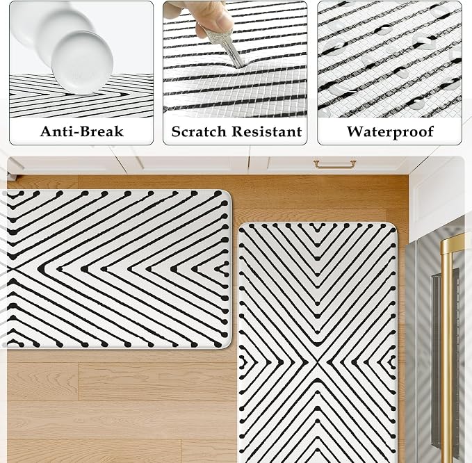 KIMODE Kitchen Mats Cushioned Anti Fatigue,Geometric Kitchen Rugs Sets of 2 | Non Slip Waterproof Kitchen Floor Mats,Comfort Standing Mats for Laundry Office Sink Desk 17"x47"+17"x29" Black Diamond Decor