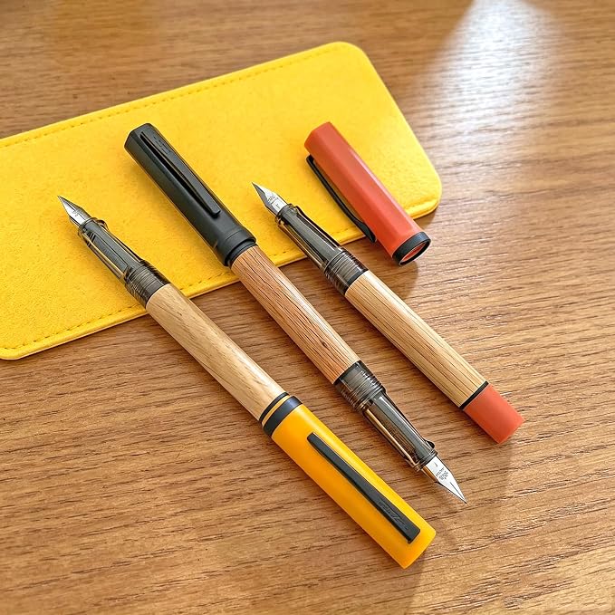 Jinhao 58 Natural Oak Wood Fountain Pen Set, 3-Pack (Ebony/Turmeric/Orange) | Value 3-pack curated wood pens with protective felt pouch & ink converters. Perfect elegant gift for office & journaling.