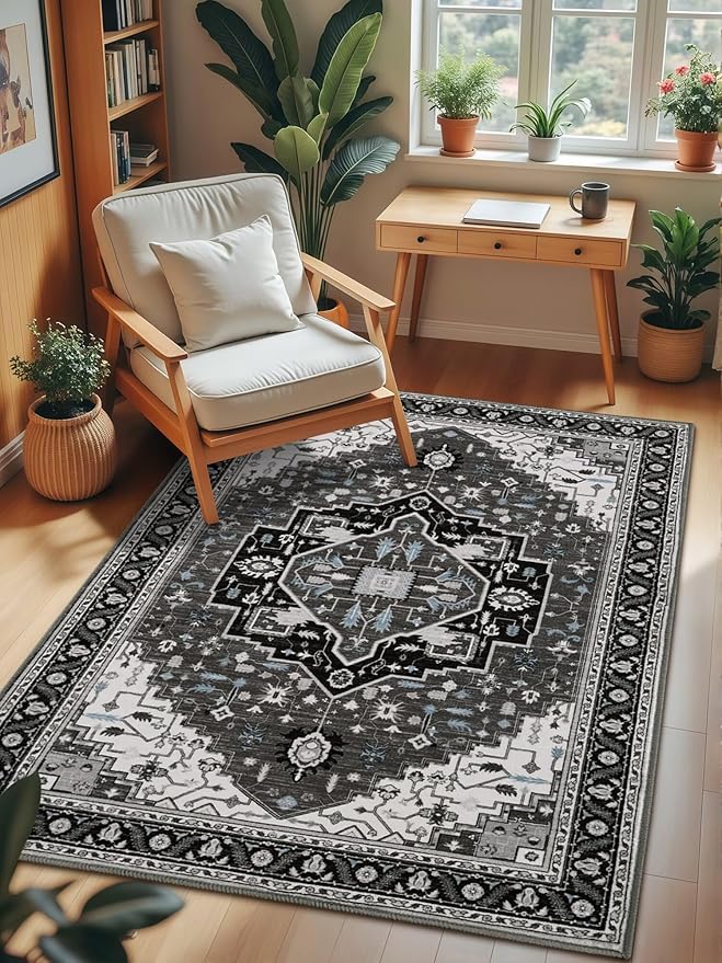Macgace 4x6 Black Grey Area Rug for Living Room, Machine Washable Rugs with Non-Slip Backing for Bedroom, Vintage Medallion Carpet Kitchen Laundry Kids Room Decor