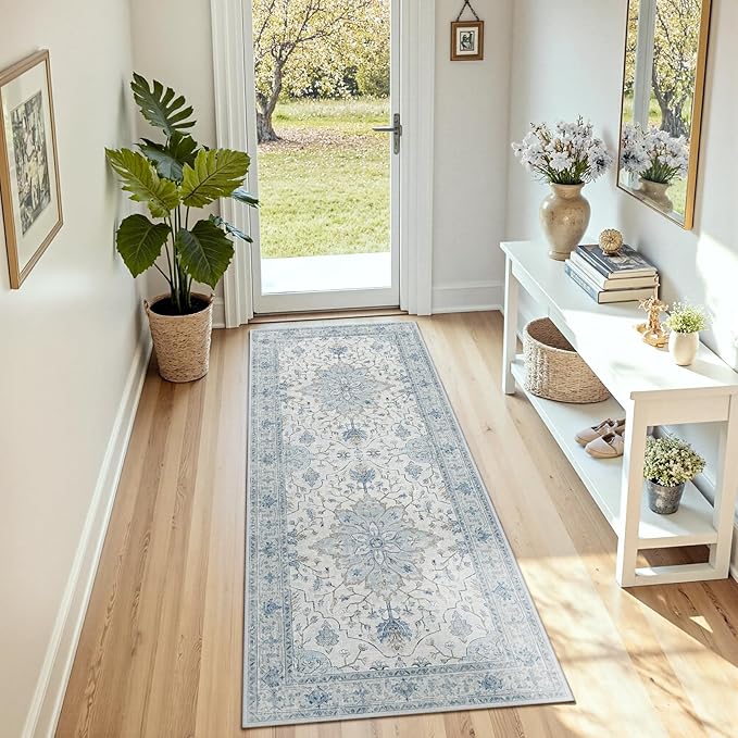RELEANY Area Rugs Runner 3'x7' Washable Non-Slip, Floral Vintage Distress Medallion Carpet for Kitchen Hallway Bedroom Beside Laundry Room Bathroom, Light Blue Navy Gray White