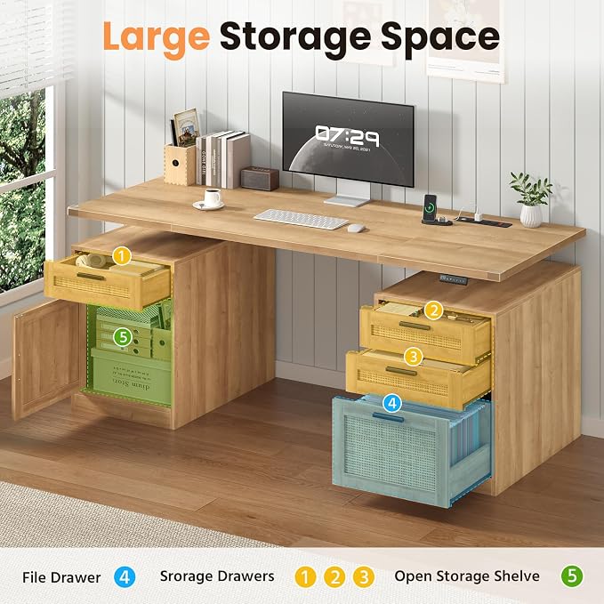 60" Rattan Electric Standing Desk with Drawers for Home Office, Oak | Height Adjustable Computer Desk with 4 Drawers & Storage Shelves, Wood Sit Stand Desk with Power Outlets for Work, Study
