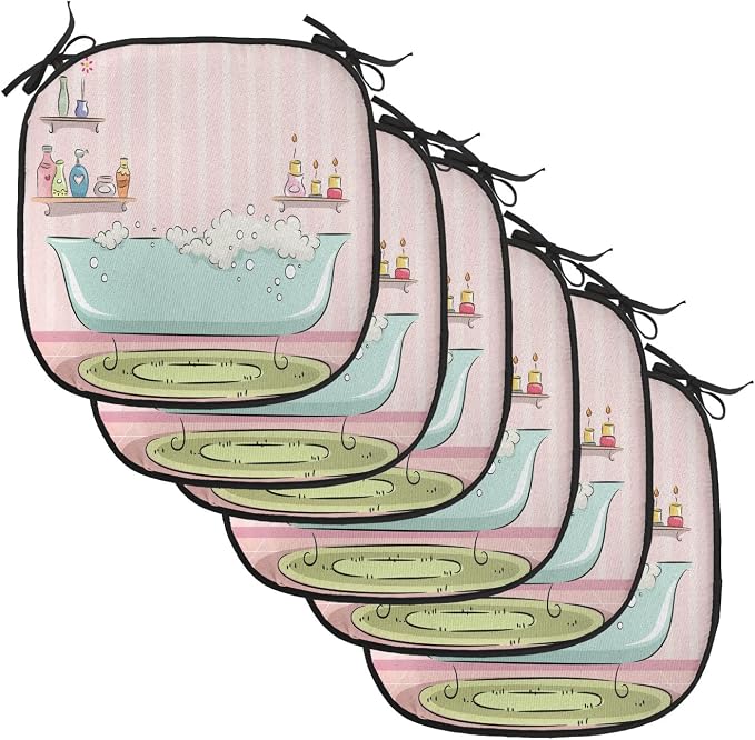 Lunarable Feminine Chair Cushion Pads Set of 6, Illustration of a Bathtub with Bubbles in Girly Room Aroma Oil Aromatherapy, Anti-Slip Seat Padding for Kitchen & Patio, 16"x16", Pink and Blue