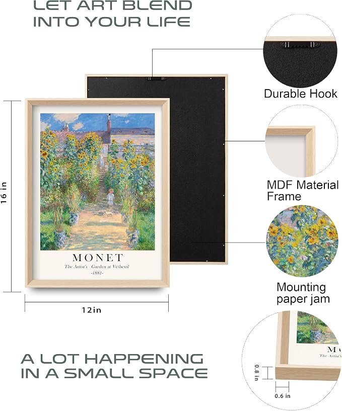 HesenDot Framed Claude Monet Wall Art 3 Piece,12x16in High Framed Design Canvas Prints Wall Decor,Vintage Impressionism Landscape Artwork Poster Home Decoration for Living Room Bedroom Gallery Office