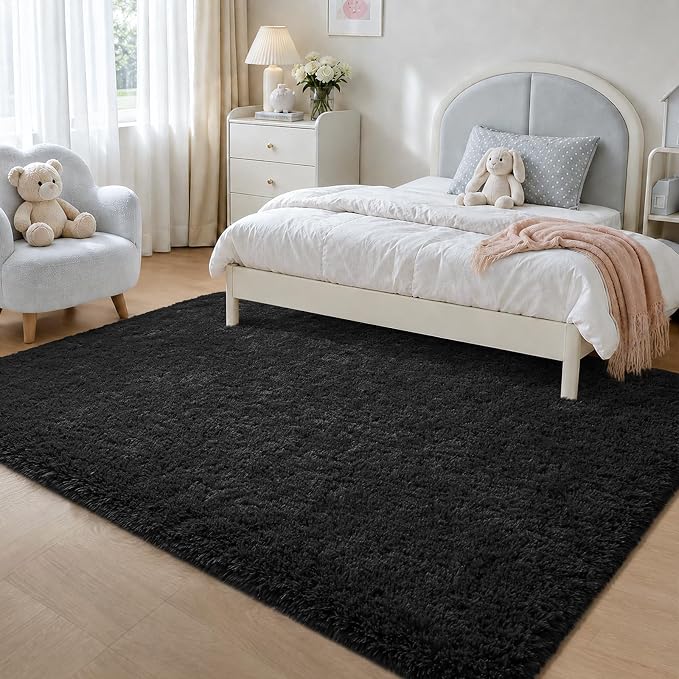 Zentavio Black Area Rugs for Living Room Bedroom 4x6 Men Room Carpet Fluffy Furry Shag Aesthetic Plush High Pile Floor Rug for Nursery Kids Room Dorm Home Decor
