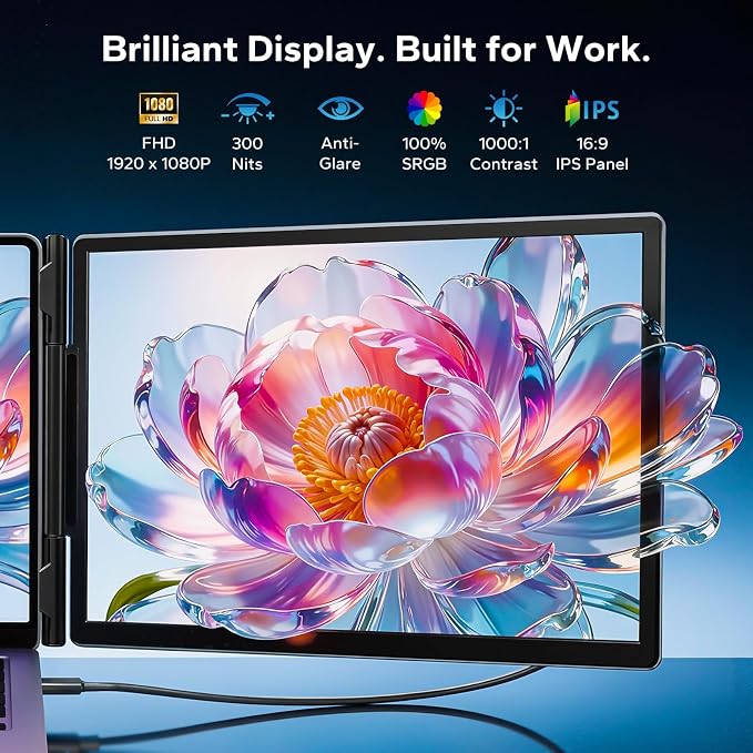 Laptop Screen Extender, Triple Screen Laptop Monitor Extender for 13”-17.3” Laptop, 14” 1080P FHD IPS Portable Monitor with 100% sRGB, Plug & Play Monitor Extension for Business Travel,Coding & Gaming