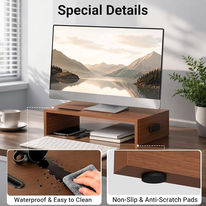 BONTEC Monitor Stand Riser with Cellphone Holder & Cable Management | 16.7 Inch Wood Monitor Riser Stand, Desktop Stand for PC/TV/Laptop/Printer, Walnut