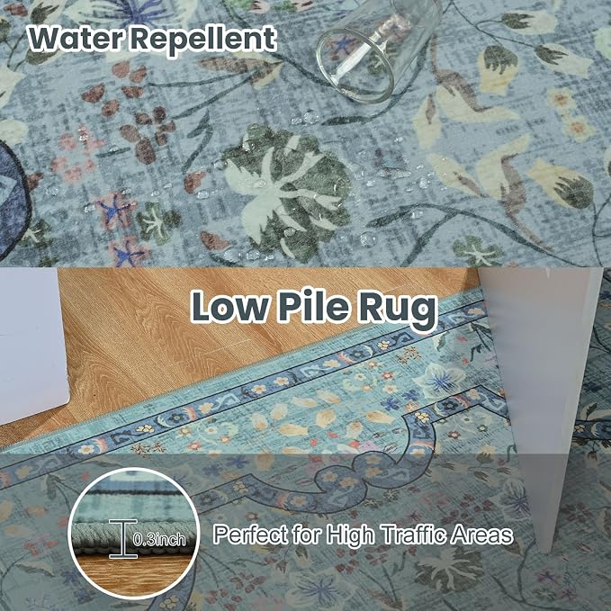 Vasofe 8x10 Area Rug for Living Room, Washable Rugs for Bedroom Room, Dining Room, Vintage Floral Indoor Non Slip Carpet Farmhouse Blue Throw Carpets Soft Low Pile Mat for Classroom Playroom