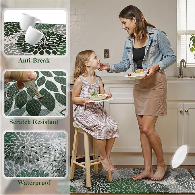 KIMODE Kitchen Mat Anti Fatigue Cushioned Kitchen Rugs Sets of 2 Decor | Dahlia Floral Boho,Non Slip Rubber Backing,Green,Waterproof,Farmhouse Standing Mat Christmas Decor for Laundry Kitchen Sink