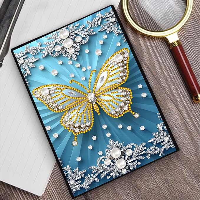 FRANDEK Diamond Art Painting Notebook Kit, White Butterfly A5 DIY Journal with 50 Blank Pages, Crystal Rhinestone Cover with Waterproof Canvas, Beginner Craft Set with Full Tools for Adults