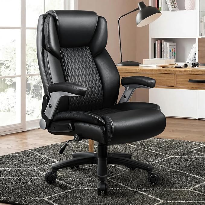 VITESSE 600lbs Big and Tall Office Chair with Flip up Armrest, Large Heavy Duty with Ergonomic Lumbar Support, Executive Office Chair for Heavy People with Quiet Rubber Wheel(Black)