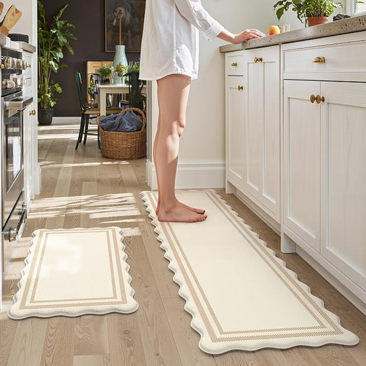KIMODE Anti Fatigue Kitchen Mats,Beige Boho Kitchen Rugs,Modern Home Decor | Padded Kitchen Mat for Floor, Standing Desk Mat, Cushioned Kitchen Mats for Floor for Laundry Office RV Sink 17"x59"+17"x29"