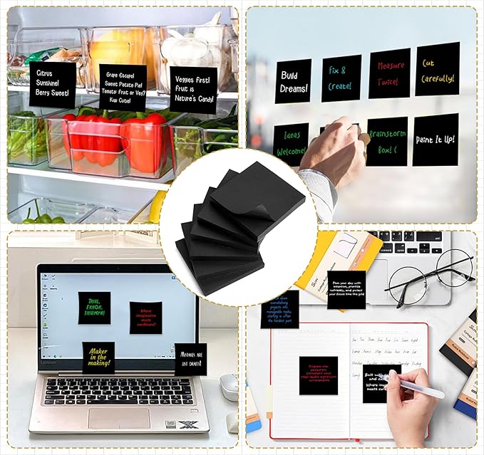 600 Sheets Black Sticky Notes 3x3 inch, 6 Pads Super Self-Stick Notes, 100 Sheets/Pad,Aesthetic Sticky Pads for Office, School, Home,Hospital Supplies Colored Gel Pens, Notepad