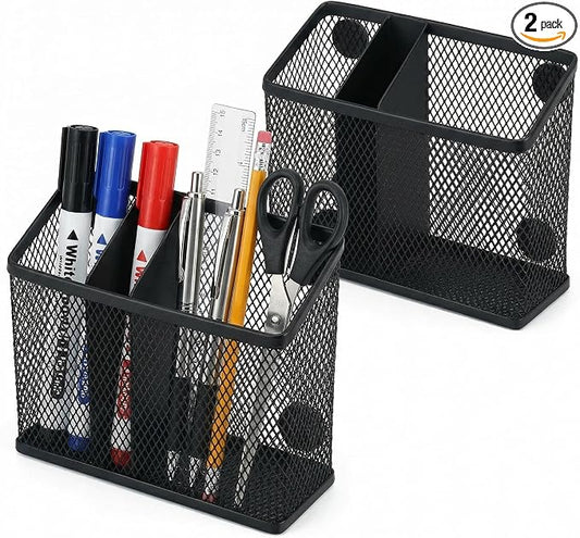 Neudeco Magnetic Pen Holder, Black, 2 Pack, 3-Compartment Metal Mesh | Magnetic Organizer for Whiteboard, Refrigerator, Locker & Filing Cabinet, Dry Erase Marker Holder