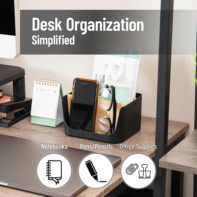 Mind Reader 5-Compartment Desktop Organizer, Adjustable Caddy, Plastic and Wood, Black