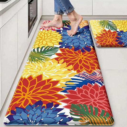 Arenarug Kitchen Mats for Floor 2PCS Cushioned Anti Fatigue Kitchen Mats Waterproof Non Slip Kitchen Mat Rug Set Comfort Foam Standing Mat for Sink, Laundry, Office, 24"x39"+24"x59", Colorful