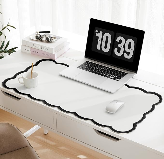 Scalloped Desk Mat, 31.5" x 15.7" Large Cute Aesthetic Desk Accessories, PU Leather Computer Laptop Desk Mouse Keyboard Pad, Desk Writing Mat for Vanity/Work/Home Decor (Black, 31.5" x 15.7")