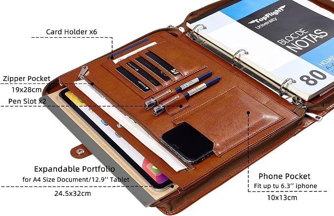 Vegan Leather Portfolio Binder, 3 Ring Binder Padfolio, Brown Leather Binder Portfolio with Zipper, Handmade Portfolio Oranizer, Personalized Portfolio Folder for Lefty & Righty (Brown, Non-Custom)