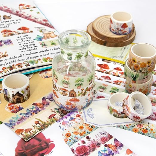 KOVANO Washi Tape Set 13 Rolls - Mushroom Butterfly Floral Decorative Tape for Scrapbooking Supplies, Junk Journal, DIY Crafts, Arts