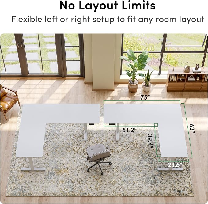 FEZIBO 75" x 63" L-Shaped Standing Desk - Adjustable Corner Desk L Shape, L-Shaped Adjustable Desk with Splice Board, L Shape Standing Desk, White