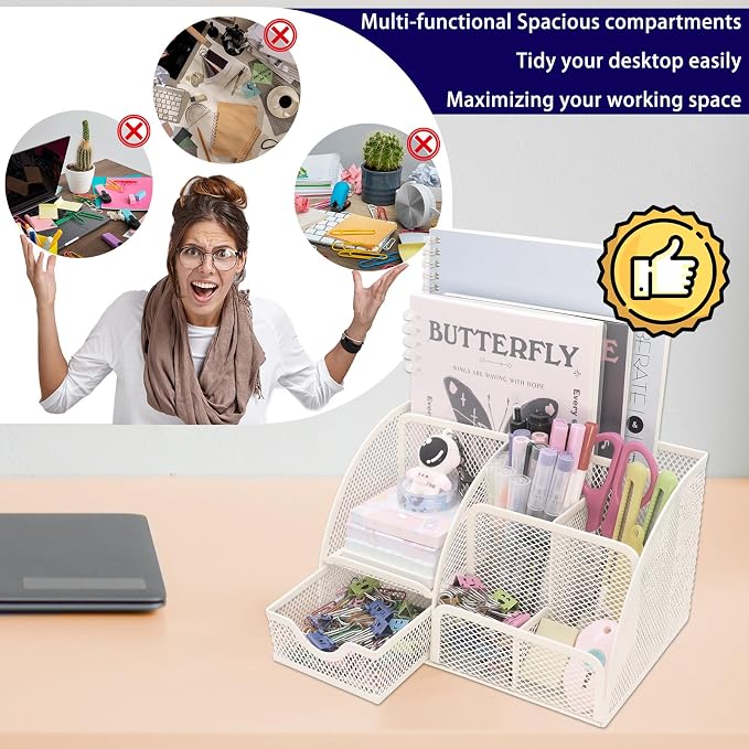 Boutilon Mesh Desk Organizer Desktop Office Supplies Stationary Organizer with 6 Compartments and 1 Drawer Multi-Functional Caddy Pen Holder for Home Office School Desk Decor(White)