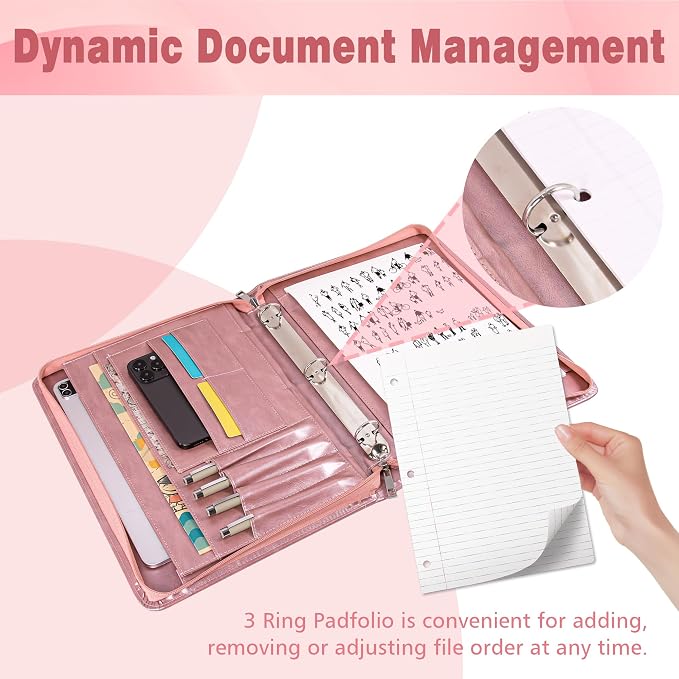 AZXCG Leather Padfolio for Women,Zippered Padfolio with 3 Ring Binder,Business Portfolio Organizer for Women with A4 Writing Pad Holder, Portfolio Binder for Meeting,Gift for Valentine's Day