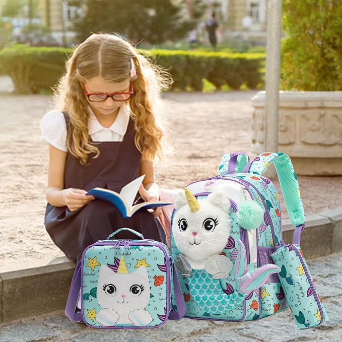 Meetbelify Cute Mermaid Kids Backpacks for Girls School Backpack with Lunch Bag Pencil Case for Elementary Student 3D Carton Plush Kids Travel School Bag for Girls Ages 6-8 Years Old