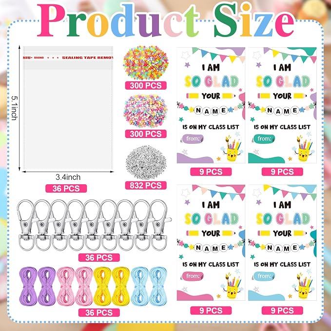 Cunno 1446 Pcs 36 Set Back to School DIY Bead Keychain Making Kit Key Chain Crafts Alphabet Bead Jewelry Key Ring Welcome First Day of School Gift Swaps Graduation Party Favors(Modern Pastel)