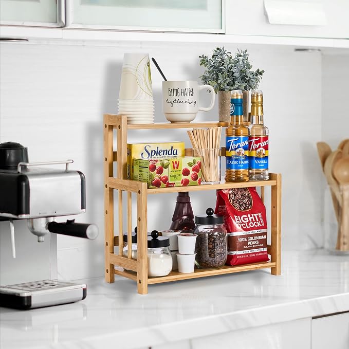 Sorbus Kitchen Countertop Organizer Bamboo Wooden Counter Storage Shelf Rack for Spice, Soap, Skin Care, Makeup Display Stand, Bathroom Shelves, Vanity, Office (3-Tier)