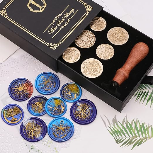 SWANGSA Galaxy Universe Wax Seal Stamp Set, Vintage 6 Pcs Sealing Wax Stamp Heads and 1 Wooden Handle for Christmas,Wedding Party Invitations, Letters, Envelopes