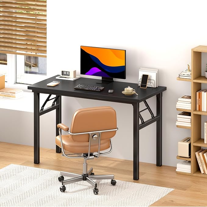 SogesHome Small Foldable Desk for Home Office, 39 Inch Compact Computer Table with Adjustable Leg Pads, No Assembly Needed Folding Writing Conference Desk Gaming Table for Small Spaces, Black