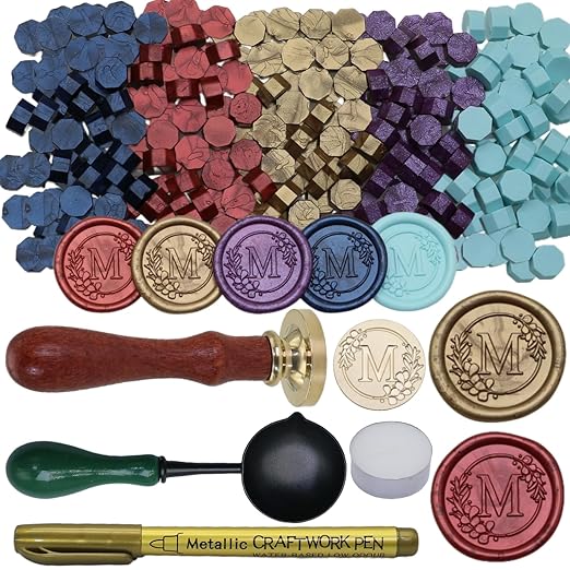 Initial Alphabet Wax Seal Stamp Set, Retro Letter M Sealing Stamp with 150Pcs Sealing Wax Beads in 5 Color, Melt Non Stick Spoon Pen Kit for Wedding and Christmas (M)