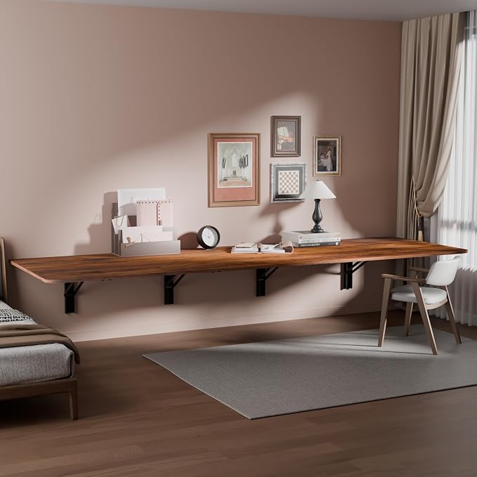 IAE 72" x 22" Floating Foldable Desk,Wall-Mounted Folding Computer Table with Engineered Wood,Study Table with Shelf Brackets,Fold Down Shelf,Fold Computer Desk for Small Apartment,Holds 500 lb,Rustic